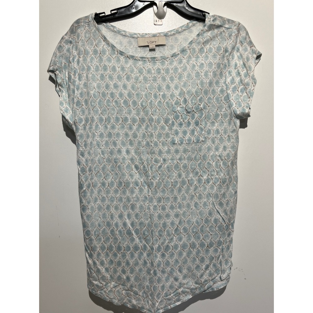 LOFT Ann‎ Taylor Women Blue White Geometric Lattice Pocket Short Sleeve Top S